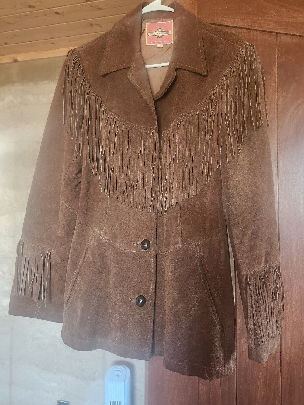Vintage 70s Ms. Pioneer Pioneer Wear  Suede Leather Fringe Jacket Coat Sz 16